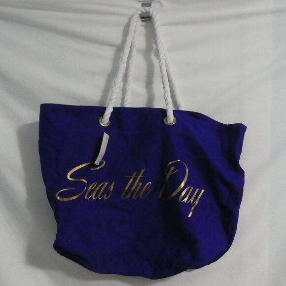 TRINA TURK BEACH TOTE | Blue Corduroy With Gold Seas The Day Print | NWOT - Picture 1 of 16